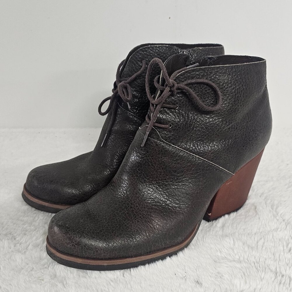 Korks Brown Heeled Leather Bootie Boho Zip Stacked 8
